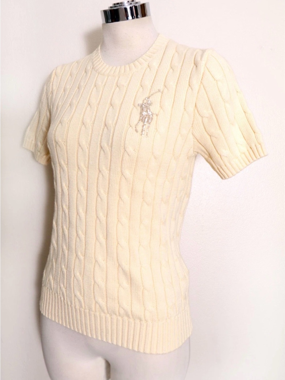 NEW Polo by Ralph Lauren Buttercream Yellow Cable-Knit Short-Sleeve Sweater